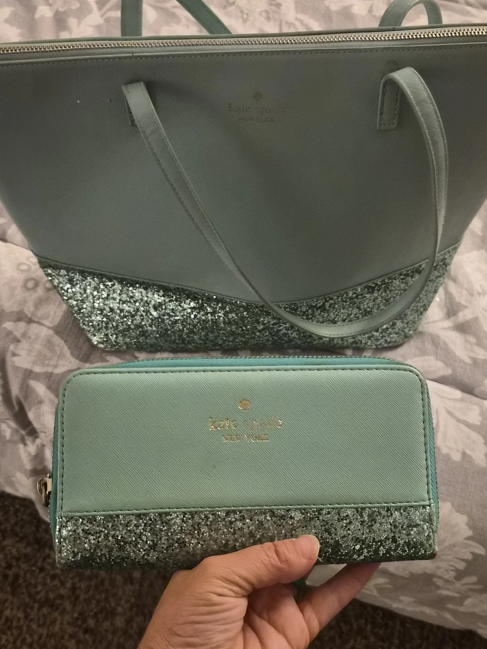 Kate Spade Mint Green Glitter Bottom Tote And Matching Wallet